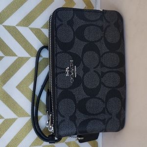 Coach Double Zip Black Smoke Black Wristlet Wallet